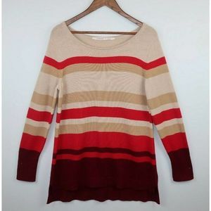 ATHLETA 100% Cashmere Lodge Sweater Hi Lo Red Cream Burgundy Stripe Holiday XL